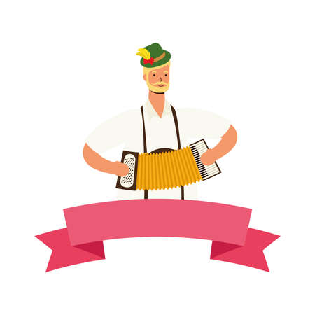 german man wearing tyrolean suit playing accordion ribbon frame vector illustration designのイラスト素材