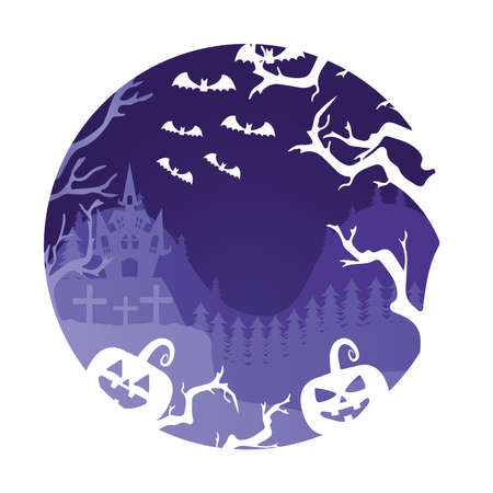 happy halloween card with pumpkins and castle in cemetery vector illustration designのイラスト素材