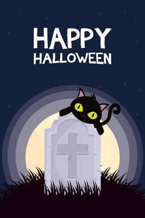 happy halloween card with lettering and cat in graveyard vector illustration designのイラスト素材