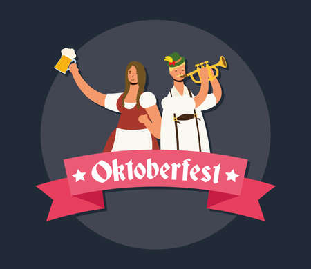 german couple wearing tyrolean suit drinking beers and playing trumpet vector illustration designのイラスト素材