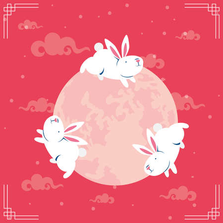 mid autumn festival poster with rabbits around the moon vector illustration designのイラスト素材