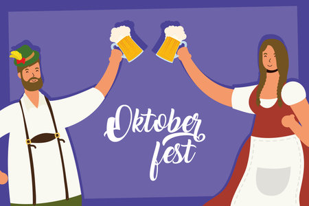 german couple wearing tyrolean suit drinking beers characters vector illustration design