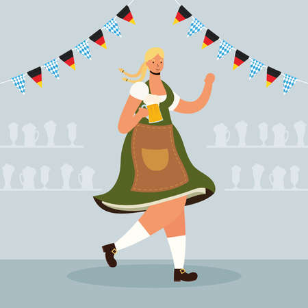 beautiful german woman drinking beer and garlands character vector illustration designのイラスト素材