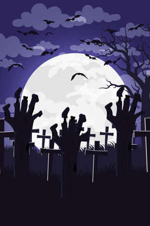happy halloween card with lettering and hands death in cemetery scene vector illustration designのイラスト素材