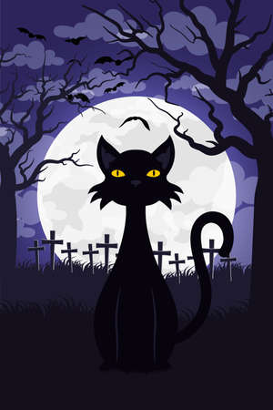 happy halloween card with cat in cemetery scene vector illustration designのイラスト素材