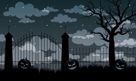 happy halloween card with pumpkins and gates scene vector illustration designのイラスト素材