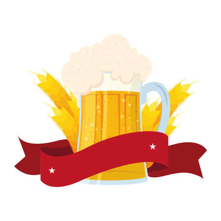 fresh beer in jar with spikes of barley and ribbon vector illustration designのイラスト素材