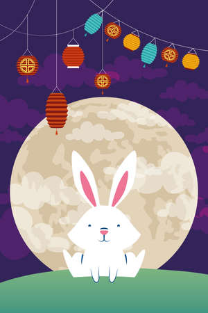 mid autumn festival poster with rabbit and lamps hanging vector illustration designのイラスト素材
