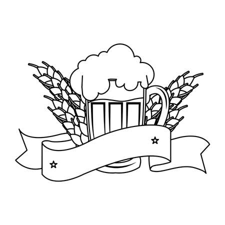 fresh beer in jar with spikes of barley and ribbon line style vector illustration designのイラスト素材
