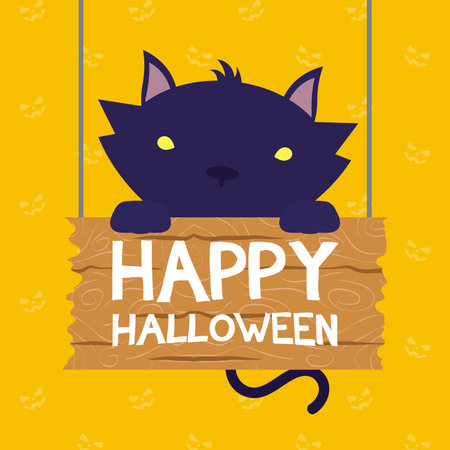 happy halloween card with lettering in wooden label hanging and cat vector illustration designのイラスト素材