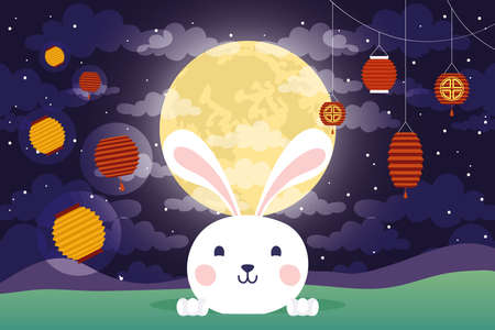 mid autumn festival poster with rabbit and moon scene vector illustration designのイラスト素材