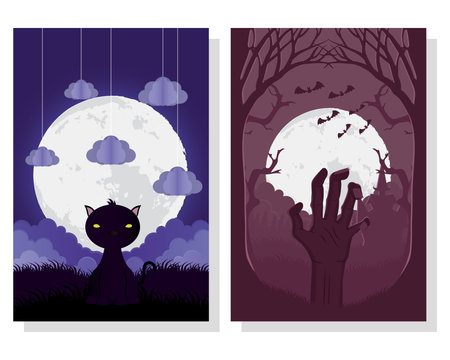 happy halloween card with cat and death hand scenes vector illustration designのイラスト素材