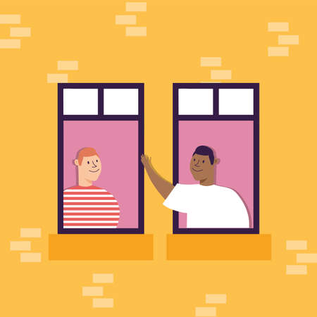 quarantined people leaning out of the building windows vector illustration designのイラスト素材