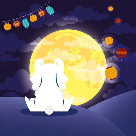 mid autumn festival poster with rabbit and moon vector illustration designのイラスト素材