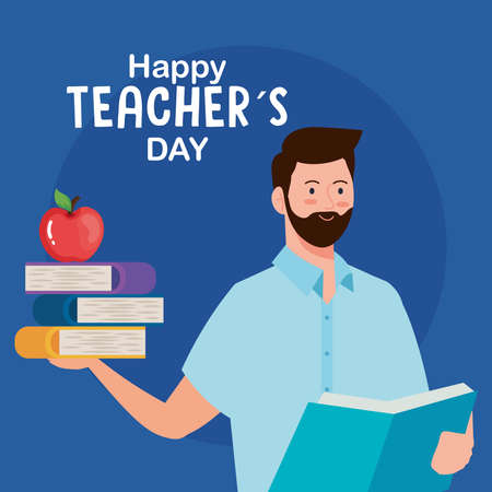 happy teachers day, man teacher with books and apple vector illustration designのイラスト素材