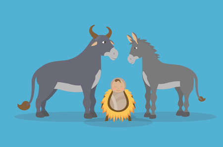 celebration merry christmas manger - donkey ox and baby jesus vector illustrationのイラスト素材