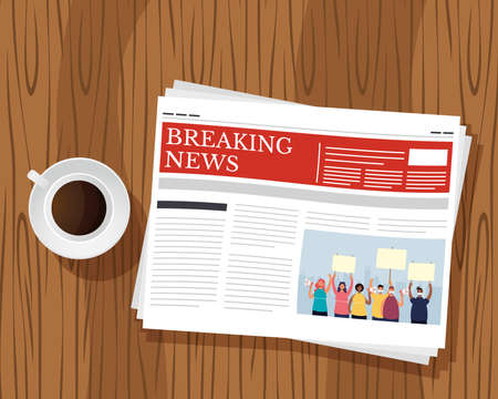 news paper communication and coffee cup in wooden background vector illustration designのイラスト素材