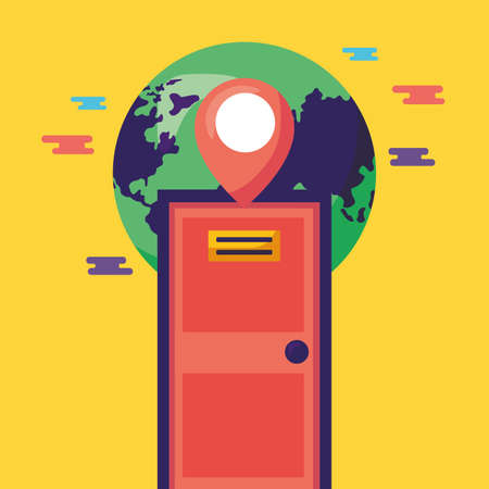 logistic delivery service with house door and world planet vector illustration designのイラスト素材