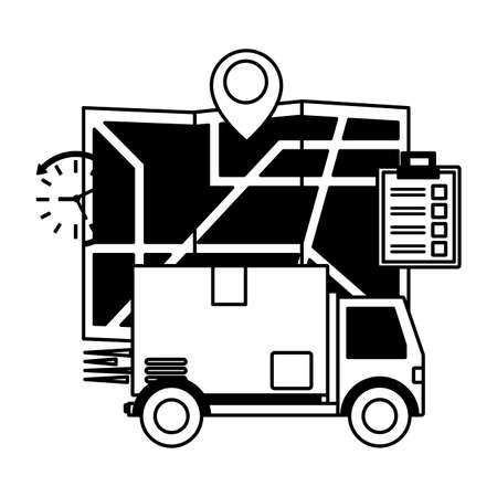 truck map clipboard and clock fast delivery logistic vector illustrationのイラスト素材