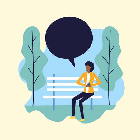woman using smartphone sitting bench park talking bubble vector illustrationのイラスト素材