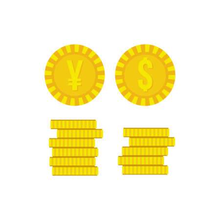 pile coins money dollars and yens flat style vector illustration designのイラスト素材
