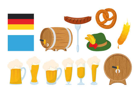 oktoberfest party celebration poster with bundle of beers and set icons vector illustration designのイラスト素材