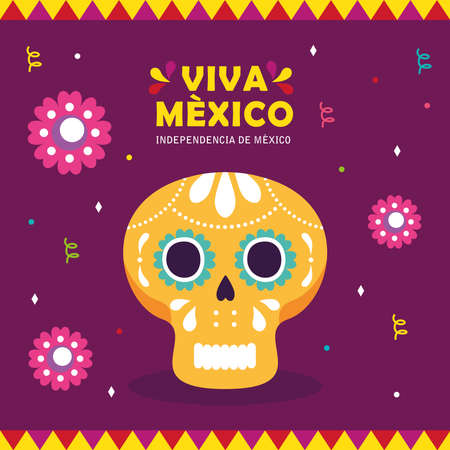 viva mexico, happy independence day, 16 of september with skull and flowers decoration vector illustration designのイラスト素材