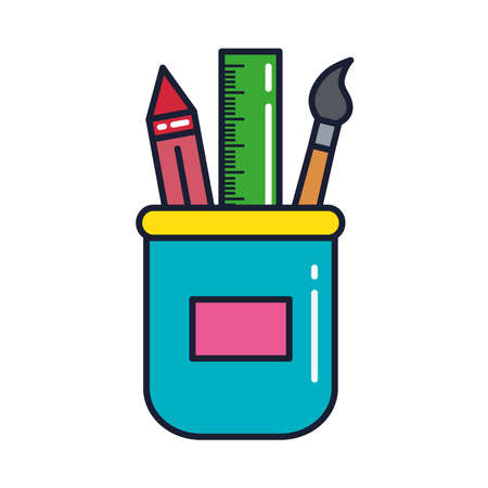 crayon with ruler and paint brush in jar, line and fill style icon vector illustration designのイラスト素材
