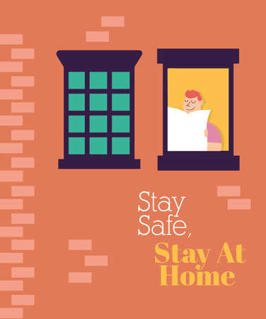 quarantined man leaning out of the building windows vector illustration designのイラスト素材