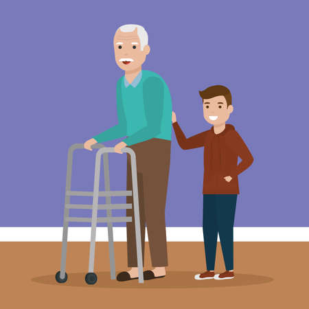 grandchild with grandafther love together walking vector illustrationのイラスト素材
