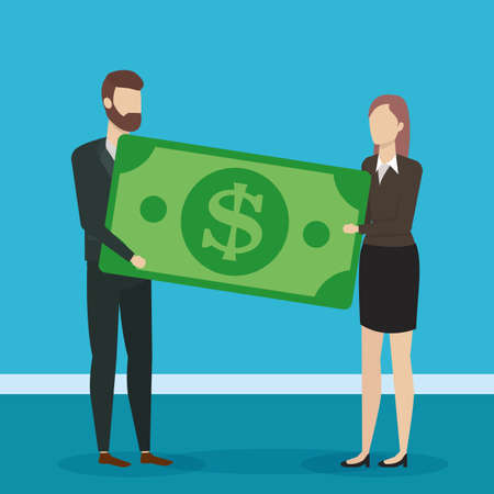business man and womanwith banknote cryptocurrency finance design vector illustrationのイラスト素材