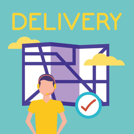 logistic delivery service with paper map and courier vector illustration designのイラスト素材