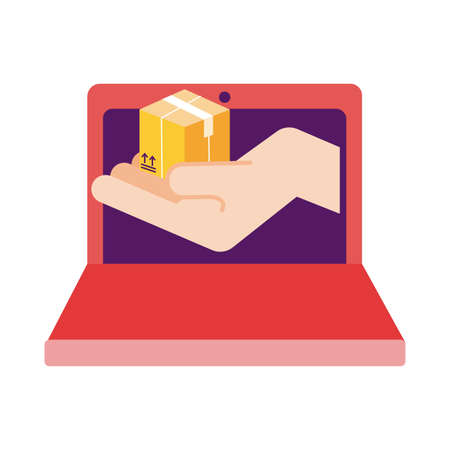 laptop with hand lifting box delivery detailed style vector illustration designのイラスト素材