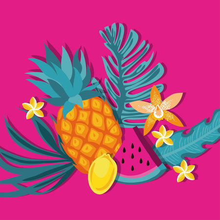 tropical fruits and leaves decoration vector illustration design