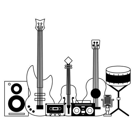 speaker guitar cassette boombox fiddle drum music background vector illustrationのイラスト素材