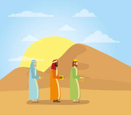 celebration merry christmas manger magicians kings walking with gifts vector illustrationのイラスト素材