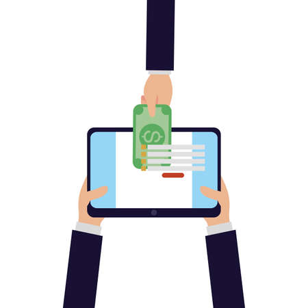 Hands holding tablet with bill of money financial banking commerce and market theme Vector illustrationのイラスト素材
