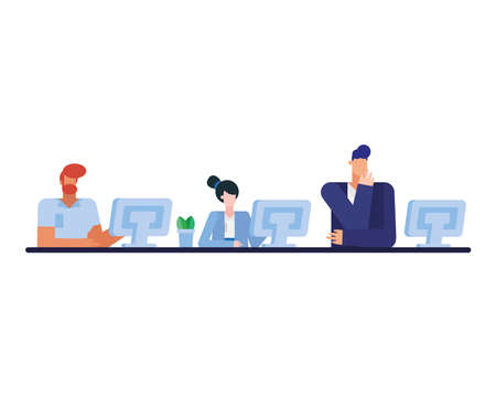 men and woman with computers at desk in the office design, business objects workforce and corporate theme Vector illustrationのイラスト素材