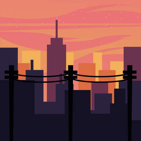city buildings landscape with pink sky design, Abstract geometric architecture and urban theme illustrationのイラスト素材