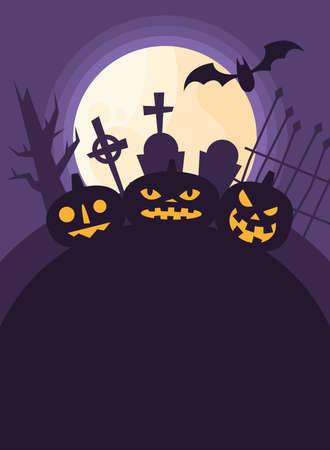 Halloween pumpkins cartoons at cemetery at night design, Holiday and scary theme Vector illustrationのイラスト素材