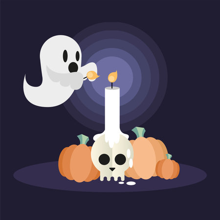 Halloween ghost cartoon with skull and pumpkins design, Holiday and scary theme Vector illustration