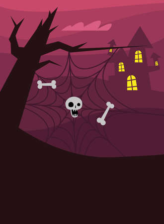 Halloween spiderweb with skull and bones at tree design, Holiday and scary theme Vector illustrationのイラスト素材