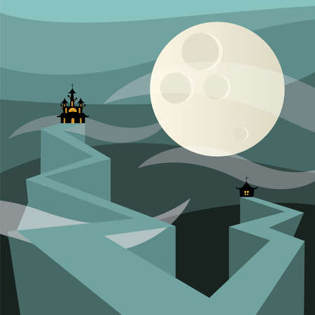 Halloween houses in front of moon design, Holiday and scary theme Vector illustrationのイラスト素材