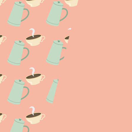 Coffee pots and cups background with space for text design of time drink breakfast beverage shop morning store aroma and caffeine theme Vector illustrationのイラスト素材