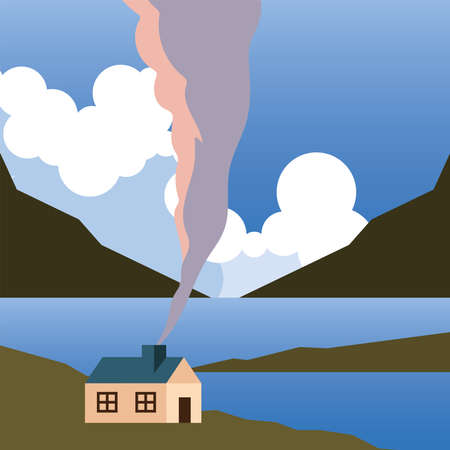 house at mountain lake and clouds design, Landscape nature earth eco ecology conservation bio environment and outdoor theme Vector illustrationのイラスト素材