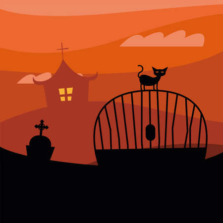 Halloween cat on gate in front of house at night design, Holiday and scary theme Vector illustrationのイラスト素材