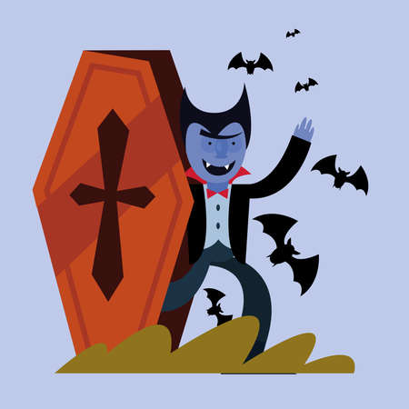 Halloween vampire cartoon inside coffin with bats design, Holiday and scary theme Vector illustrationのイラスト素材