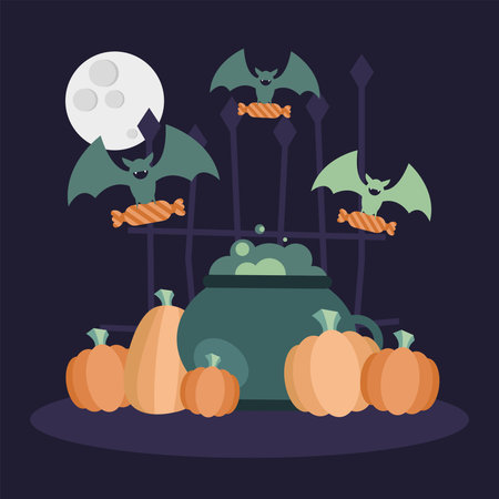 Halloween witch bowl pumpkins and bats design, Holiday and scary theme Vector illustrationのイラスト素材