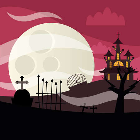 Halloween house and cemetery at night design, Holiday and scary theme Vector illustrationのイラスト素材
