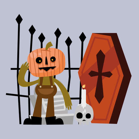 Halloween pumpkin cartoon with coffin design, Holiday and scary theme Vector illustrationのイラスト素材